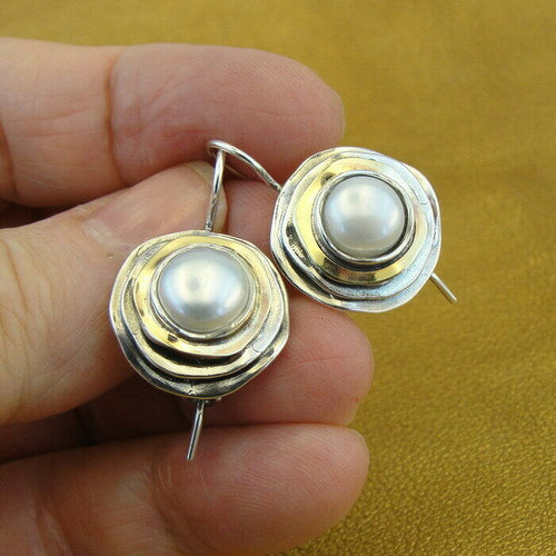 Hadar Designers 9k Yellow Gold 925 Sterling Silver White Pearl Earrings (ms) y