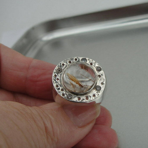 Hadar Designers Handmade Sterling Silver Rutilated Q Ring size 7.5, 7 (H) SALE