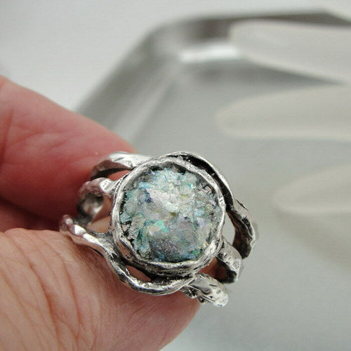 Hadar Designers Rustic Handmade Sterling Silver Roman Glass Ring 6,7,8,9,10,(as