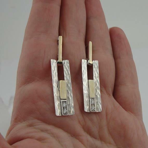 Hadar Designers White Zircon Earrings Handmade 9k Yellow Gold Sterling Silver ()