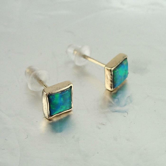 Hadar Designers Handmade 9k Yellow gold 5mm Square Blue Opal Earrings (I e96)