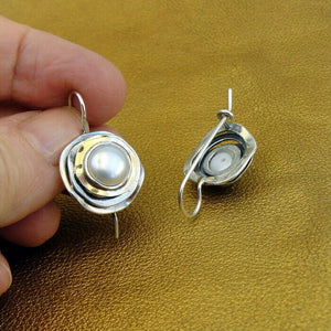 Hadar Designers 9k Yellow Gold 925 Sterling Silver White Pearl Earrings (ms) y