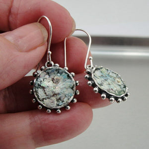 Hadar Designers Handmade 925 Sterling Silver Round Roman Glass Earrings (as