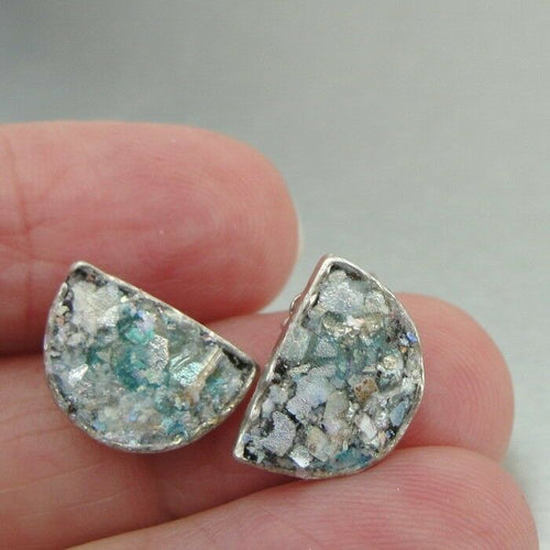 Hadar Designers Handmade Sterling Silver Antique Roman Glass Stud Earrings (AS