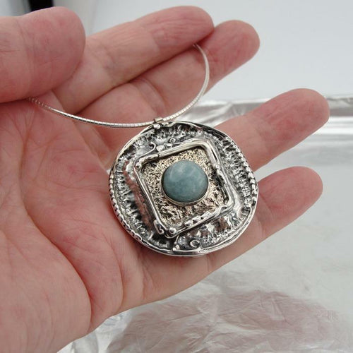 Hadar Designers Handmade 9k yellow Gold 925 Silver Blue Larimar Pendant (H) SALE