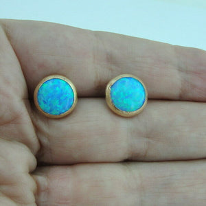 Hadar Designer Blue Opal Stud Earrings Handmade 14k Yellow Gold F 11mm Round (v