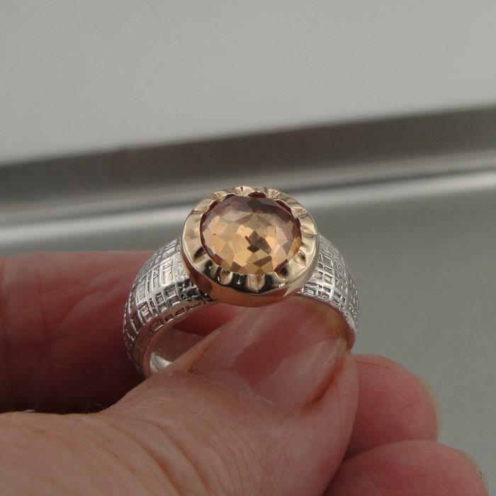 Hadar Designer 9k Yellow Gold 925 Silver Champagne Ring  7,7.5 Handmade () SALE