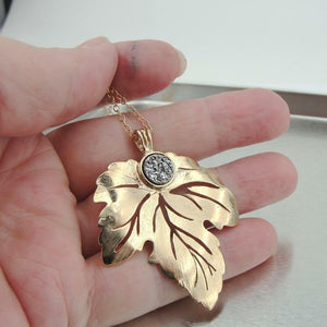 Hadar Designers Handmade Yellow Gold pl 925 Silver Druzi Leaf Pendant (V) SALE