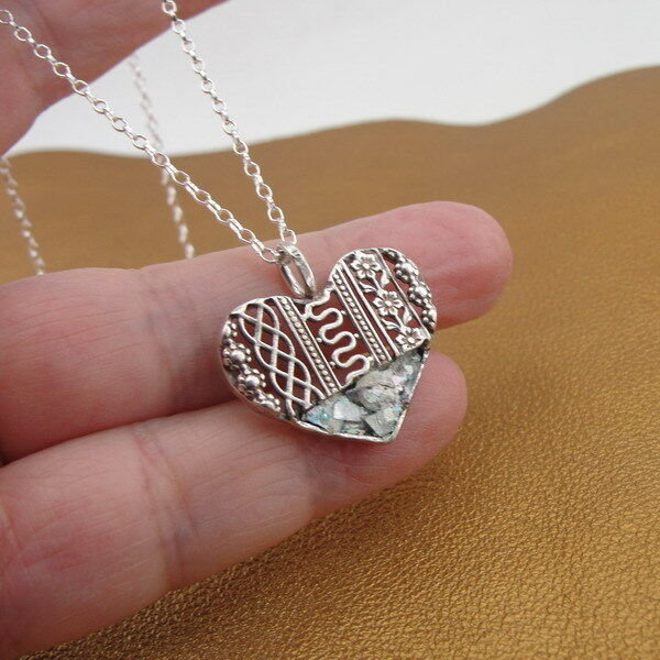 Hadar Designer Heart Pendant Handmade 925 Silver Filigree Roman Glass (as) Y 