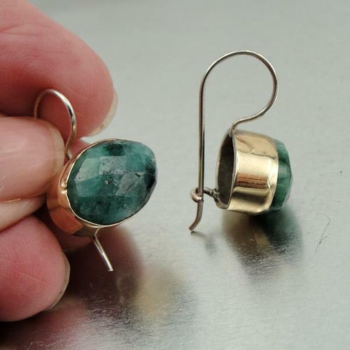 Hadar Designers Real Emerald Earrings Handmade 9k Gold Sterling Silver (I e36)