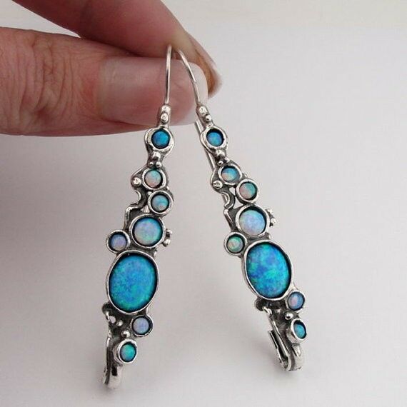 Hadar Designers Handmade Dangle Sterling 925 Silver Blue Opal Earrings (H 2151