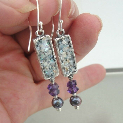 Hadar Designers Israel Sterling Silver Pearl Amethyst Roman Glass Earrings (as)