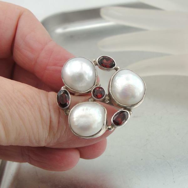 Hadar Designers Pearl Garnet Ring Sterling Silver Cocktail Statement 6.5,7,8,9 y