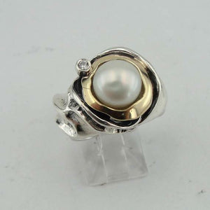 Hadar Designers  9k Yellow Gold 925 Silver White Pearl Ring sz 7,8,9,10 Handmade