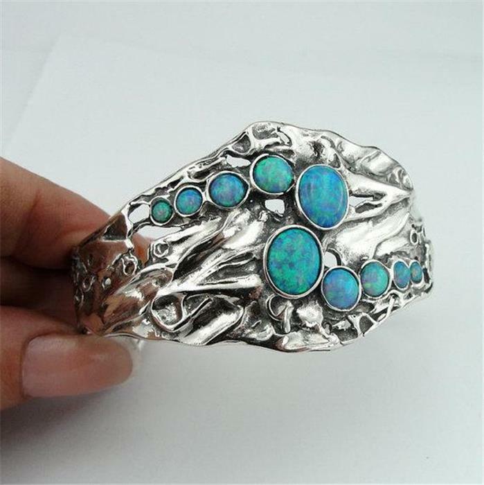 Hadar Designers Handmade 925 Sterling Silver Blue Opal Cuff Bracelet (H 313b)