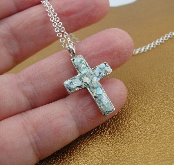 Hadar Designers Sterling Silver Genuine Antique Roman Glass Cross Pendant (as )y