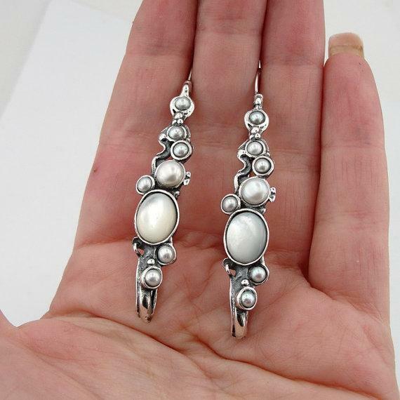 Hadar Designers Handmade Art Long Sterling Silver MOP Pearl Earrings (H 2151)
