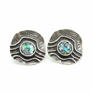 Hadar Designers 925 Sterling Silver Roman Glass Stud Earrings Handmade(AS 422814