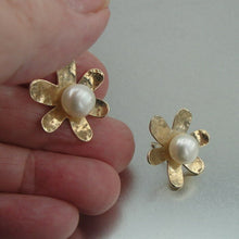 Load image into Gallery viewer, Hadar Designers 14k Gold Fil 8mm White Pearl Stud Earrings Handmade Floral (V