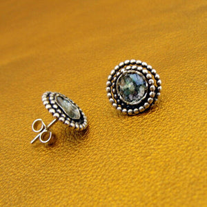 Hadar Designers 925 Sterling Silver Roman Glass Stud Earrings Handmade (AS)SALE