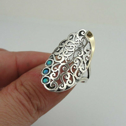Hadar Designers Filigree 9k Gold Sterling Silver Blue Opal Ring  6,7,7.5,8,9 (ms