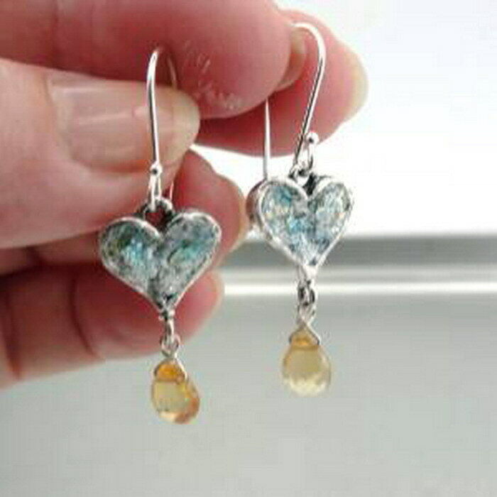 Hadar Designers Heart Citrine 925 Silver Roman Glass Handmade Earrings (as) SALE