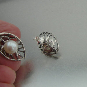 Hadar Designers Handmade Sterling Silver Leaf Real White Pearl Stud Earrings (V