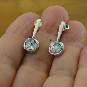 Hadar Designers Antique Roman Glass Sterling Silver Stud Earrings Handmade (AS)Y