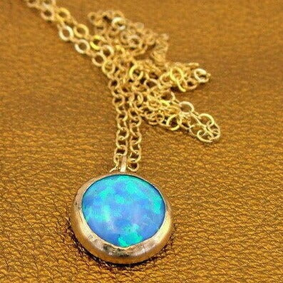 Hadar Designers 14k Yellow Gold Fill Blue opal Pendant Handmade Modern Classy (V