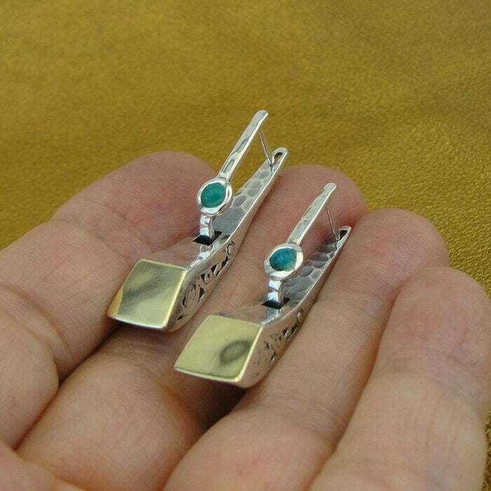 Hadar Designers Turquoise Earrings Handmade 9k Gold 925 Sterling Silver (ms1190Y