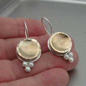 Hadar Designers Handmade 9k yellow Gold Sterling Silver Pearl Earrings (I e719)