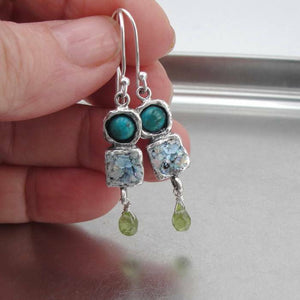 Hadar Designers 925 Sterling Silver Roman Glass Turquoise Peridot Earrings (as