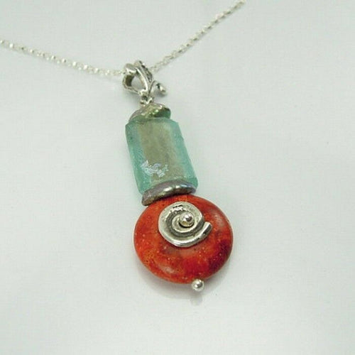 Hadar Designers Handmade Sterling Silver Ancient Roman Glass Coral Pendant (as