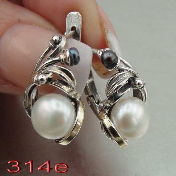 Hadar Designers 9k Yellow Gold 925 Silver Black White Pearl Earrings Handmade(MS