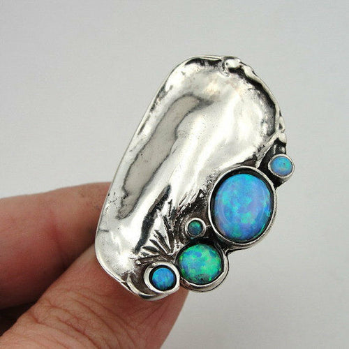 Hadar Designers Blue Opal Ring Handmade 925 Sterling Silver 7,7.5.8,9 (H 1544)y