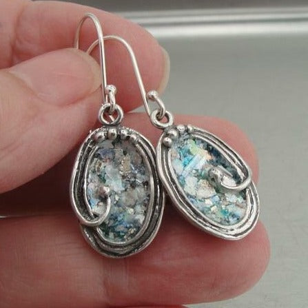 Hadar Designer Handmade Art 925 Sterling Silver Antique Roman Glass Earrings (as