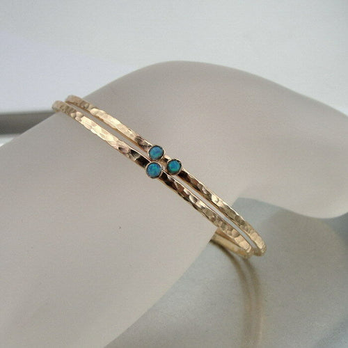 Hadar Designers  14k Gold Fil 2 Bangle Blue Opal Bracelets Handmade Hammered(V)