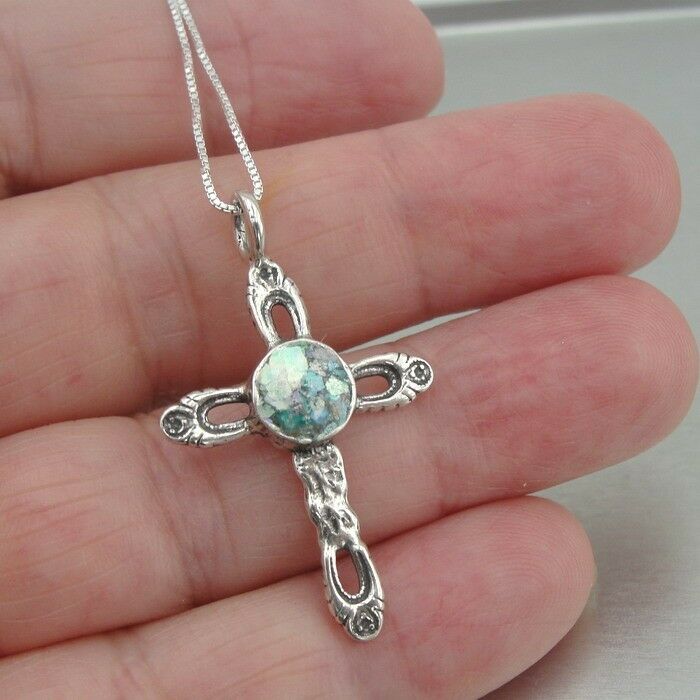 Hadar Designers Sterling Silver Genuine Antique Roman Glass Cross Pendant (as)