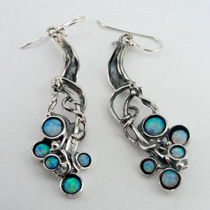 Hadar Designers 925 Sterling Silver Blue Opal Earrings Handmade long Dangle (H)