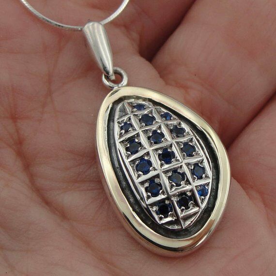 Hadar Designers Pendant 9k Yellow Gold 925 Silver Blue Sapphire Handmade Deco(MS