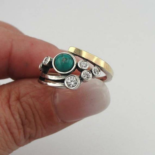 Hadar Designers Turquoise Zircon Ring 7,8,10 Handmade 9k Yellow Gold 925 Silver