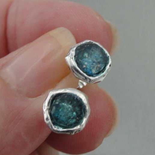 Hadar Designers Sterling Silver Antique Roman Glass Stud Earrings Handmade (AS43