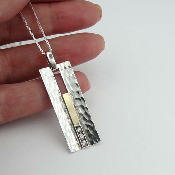 Hadar Designers Modern Art Handmade 9k Yellow Gold 925 Silver Zircon Pendant ()