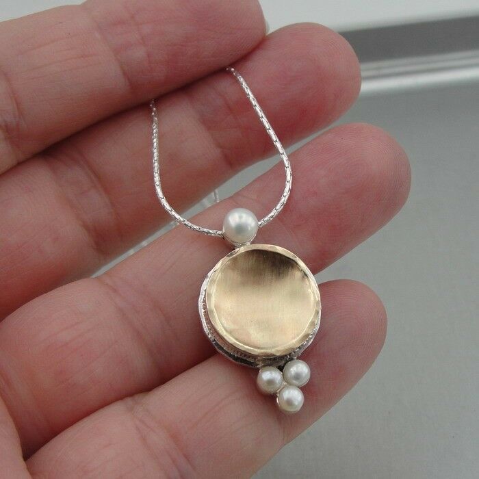 Hadar Designers Handmade 9k Yellow Gold Sterling SilverWhite Pearl Pendant (I n