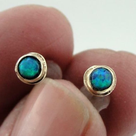 Hadar Designers Handmade 9k/14k Yellow Gold 5mm Blue Opal Stud Earrings (I e118)