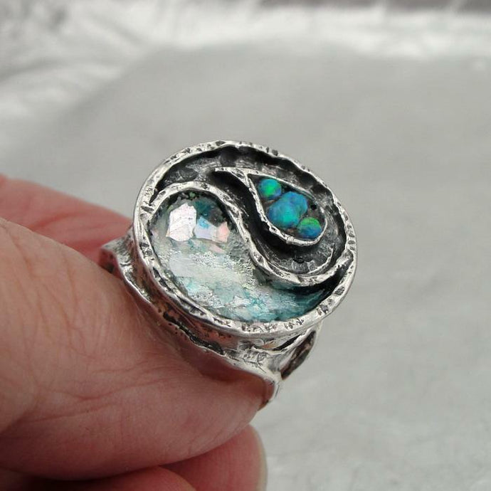 Hadar Designers Handmade 925 Silver Roman Glass Opal YIN YANG Ring 6,7,8,9 (As