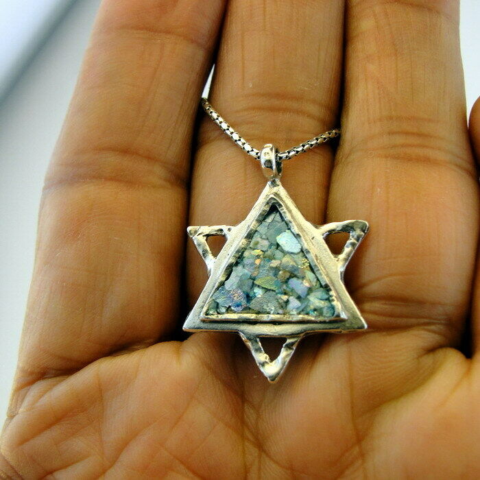 Hadar Designers Roman Glass Star of David Pendant 925 Sterling Silver Art (as) y