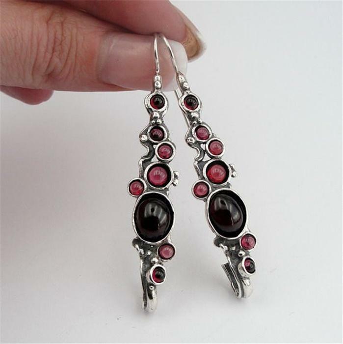 Hadar Designers Handmade Dangle 925 Sterling Silver Red Garnet Earrings (H 2151)