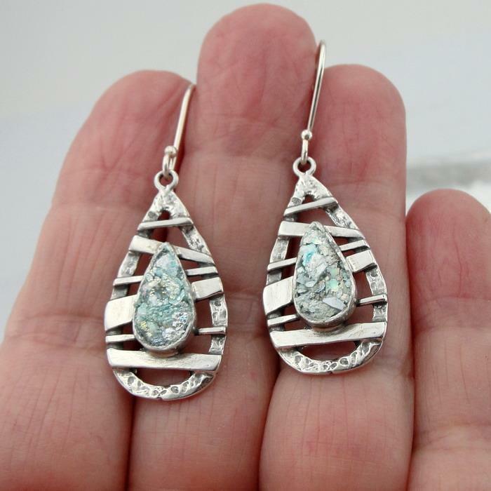 Hadar Designers Handmade 925 Sterling Silver Antique Roman Glass Earrings (as 07