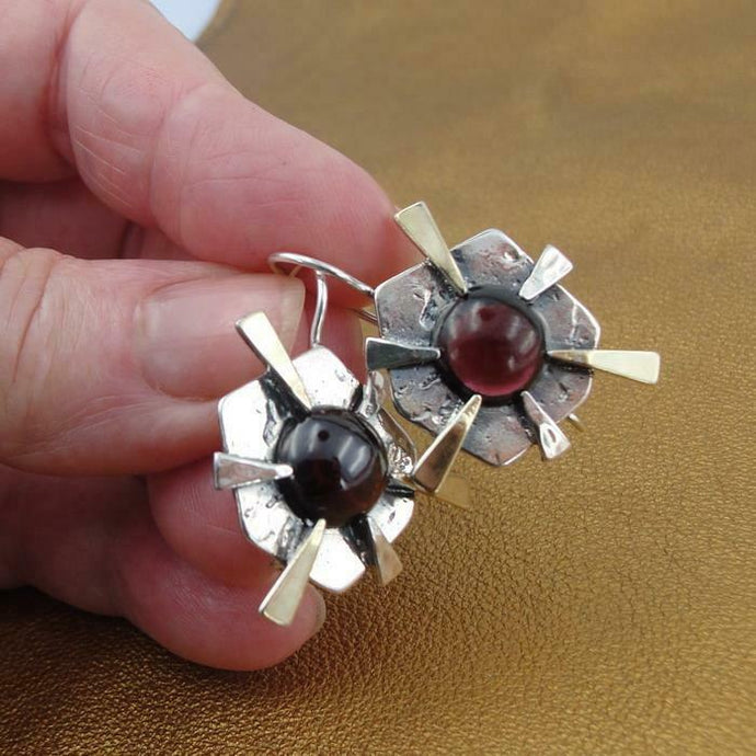 Hadar Designers Red Garnet Earrings Bold Handmade 9k Gold Sterling Silver (ms)y